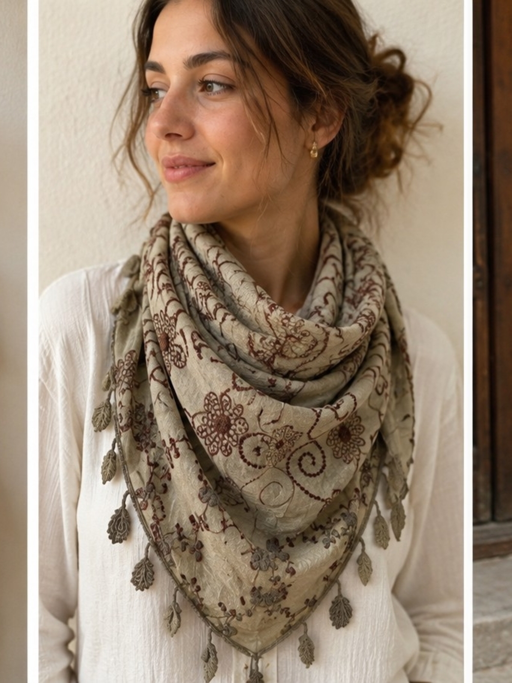 Embroidered Olive Triangle Tassel Scarf - Unbranded
